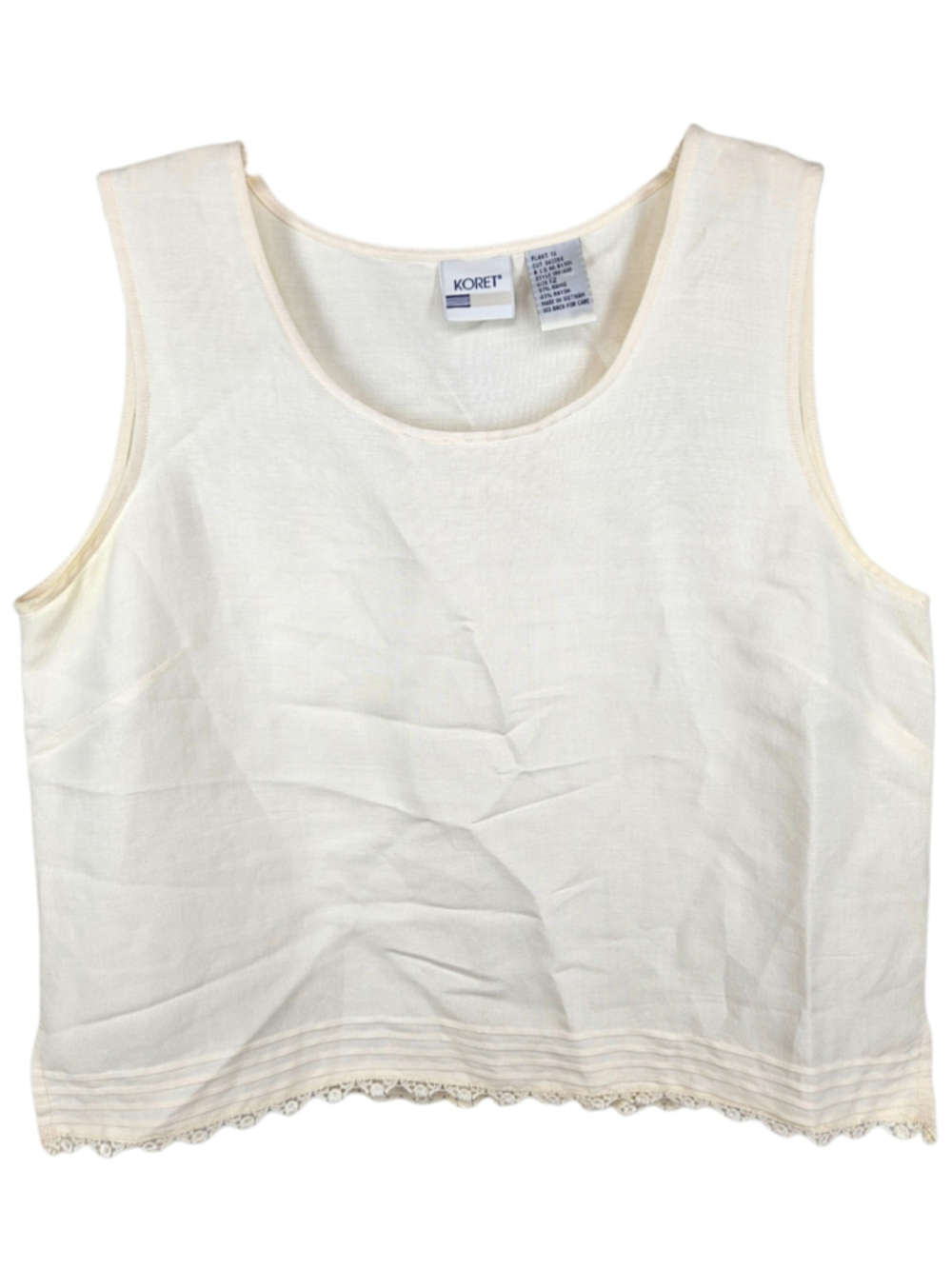 Vintage Koret Ramie Rayon Sleeveless Linen Look Top Off White Size 12 Lace Hem